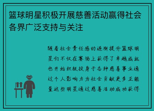 篮球明星积极开展慈善活动赢得社会各界广泛支持与关注 篮球明星积极开展慈善活动赢得社会各界广泛支持与关注